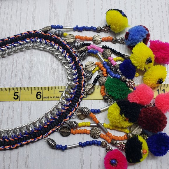Silver Tone Multi Color Pom Pom Tassel Necklace - Picture 5 of 6